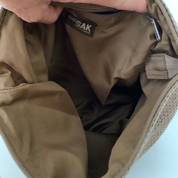 The Sak Elliot Lucca Light Brown Crochet Mesh Leather Trim Shoulder Bag - Picture 4 of 9